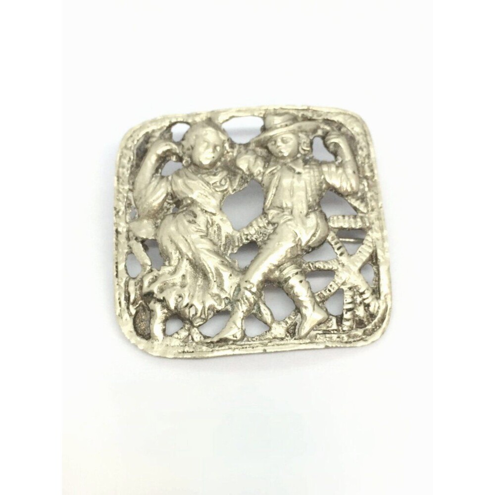 Vintage Folk Art Brooch Silver Tone Dancing Couple Italian Italy Figural Scene